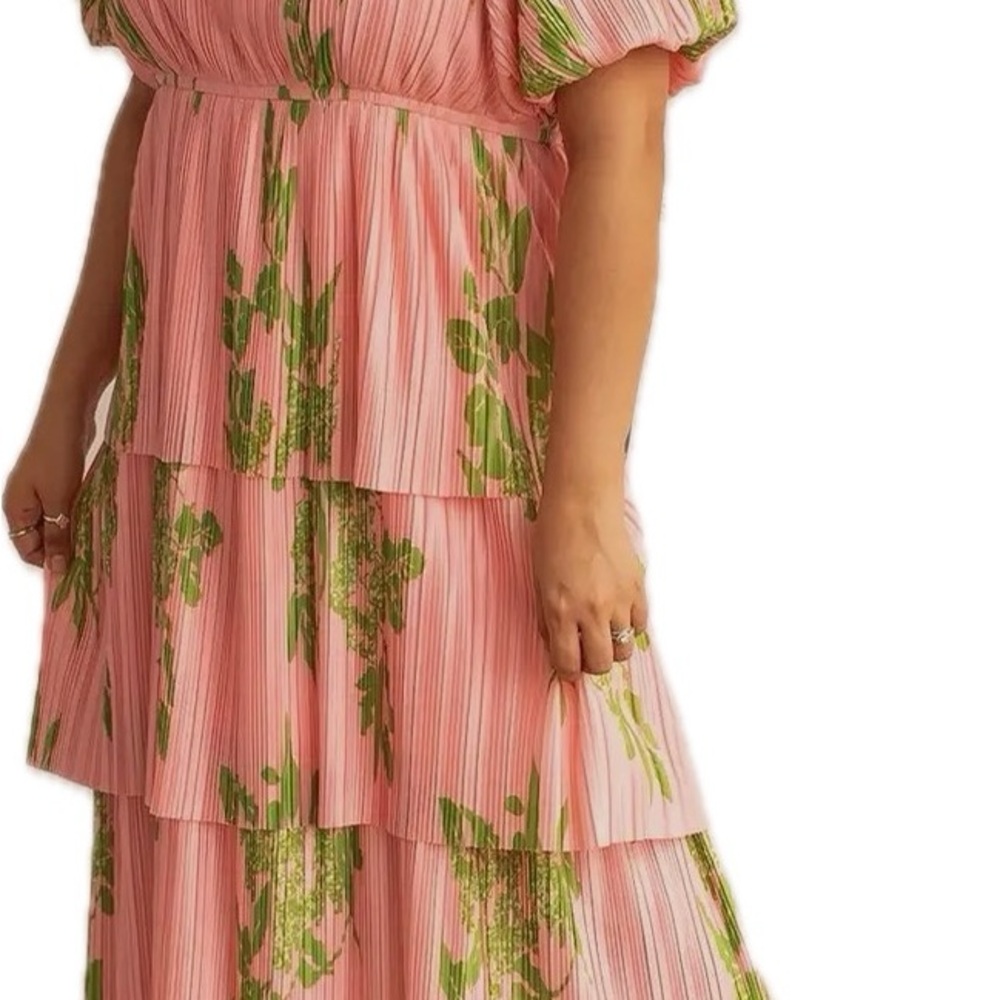 Floral Pink and Green Tiered Dress